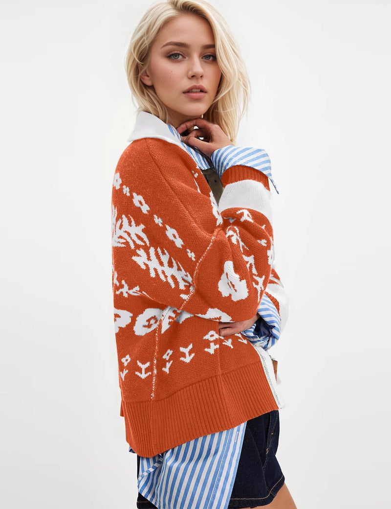MISSACTIVER Floral Print Button Down Cardigan Sweaters for Women Long Sleeve V Neck Open Front Knit Crop Tops Fall Jacket Orange - Image 2