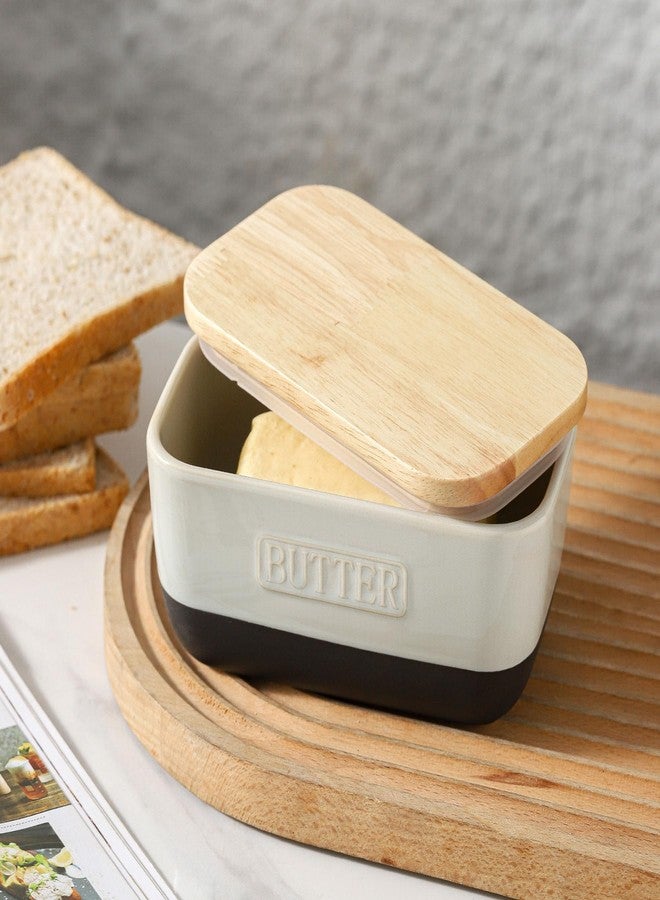 HVH Ceramic Butter Dish with Lid for Countertop, Airtight Butter Keeper with Wooden Lid, Butter Holder for East West Coast Butter, Farmhouse Style (Black Pottery, 6 x 3.5 x 2.7) - Image 3