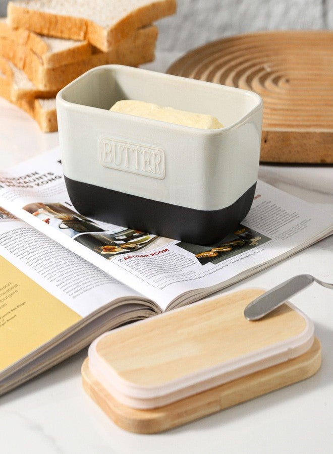 HVH Ceramic Butter Dish with Lid for Countertop, Airtight Butter Keeper with Wooden Lid, Butter Holder for East West Coast Butter, Farmhouse Style (Black Pottery, 6 x 3.5 x 2.7) - Image 5
