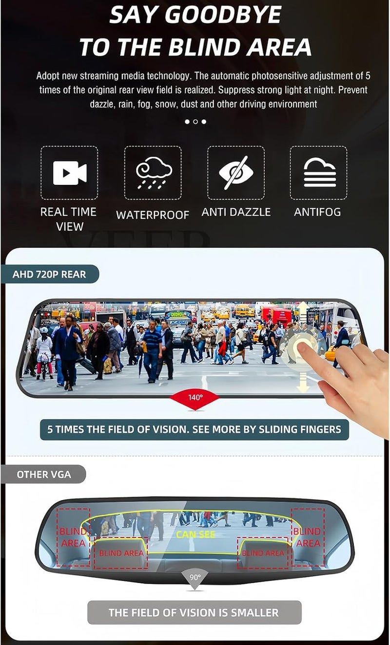Dual Lens Dash Cam 10-Inch Touch Screen 170° Wide-Angle - Night Vision With Infrared Sensor Rearview Mirror Camera for Car Driving Parking Assistance - Image 4