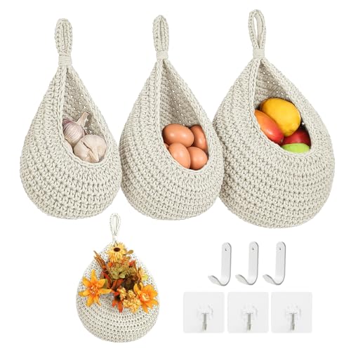 INJORAN Boho Wall Hanging Fruit Baskets for Kitchen 3 Pack Woven Produce Holder with 6 Pcs Strong Hooks Vegetable Hanging Basket for Organizing Teardrop Home Wall Potato Onion Storage, White - Image 1