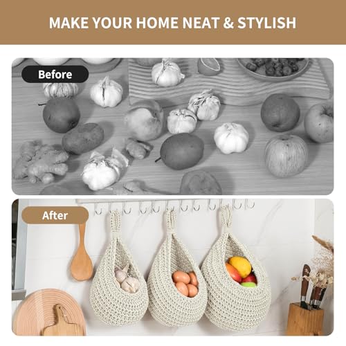 INJORAN Boho Wall Hanging Fruit Baskets for Kitchen 3 Pack Woven Produce Holder with 6 Pcs Strong Hooks Vegetable Hanging Basket for Organizing Teardrop Home Wall Potato Onion Storage, White - Image 5