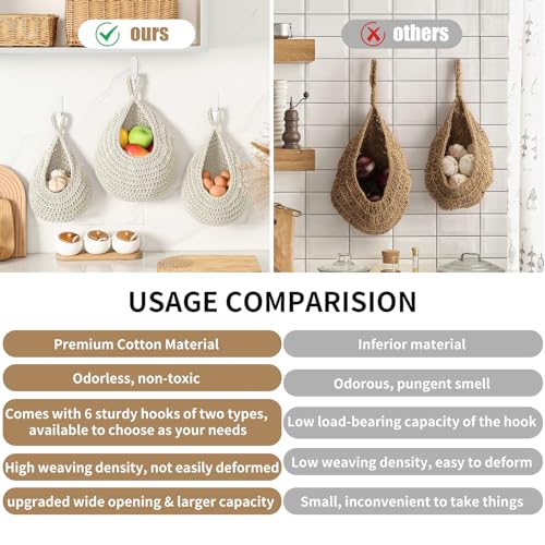 INJORAN Boho Wall Hanging Fruit Baskets for Kitchen 3 Pack Woven Produce Holder with 6 Pcs Strong Hooks Vegetable Hanging Basket for Organizing Teardrop Home Wall Potato Onion Storage, White - Image 3