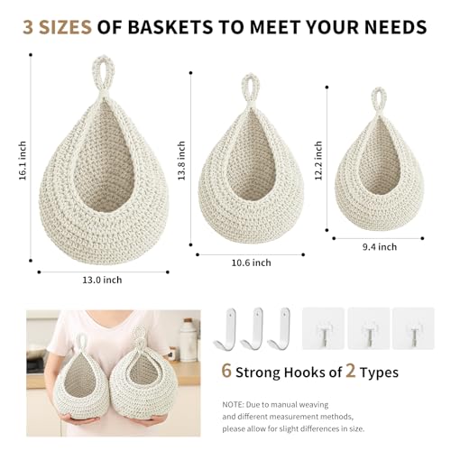 INJORAN Boho Wall Hanging Fruit Baskets for Kitchen 3 Pack Woven Produce Holder with 6 Pcs Strong Hooks Vegetable Hanging Basket for Organizing Teardrop Home Wall Potato Onion Storage, White - Image 4