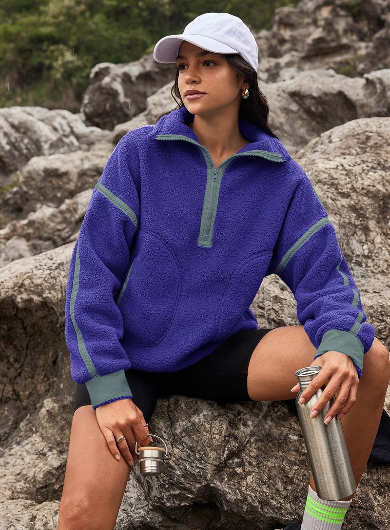 Yanekop 1/4 Zip Pullover Women Zip Up Sweatshirt Fleece Pullover Christmas Sweaters Long Sleeve V Neck Sweaters(Purple Green Combo,S) - Image 5