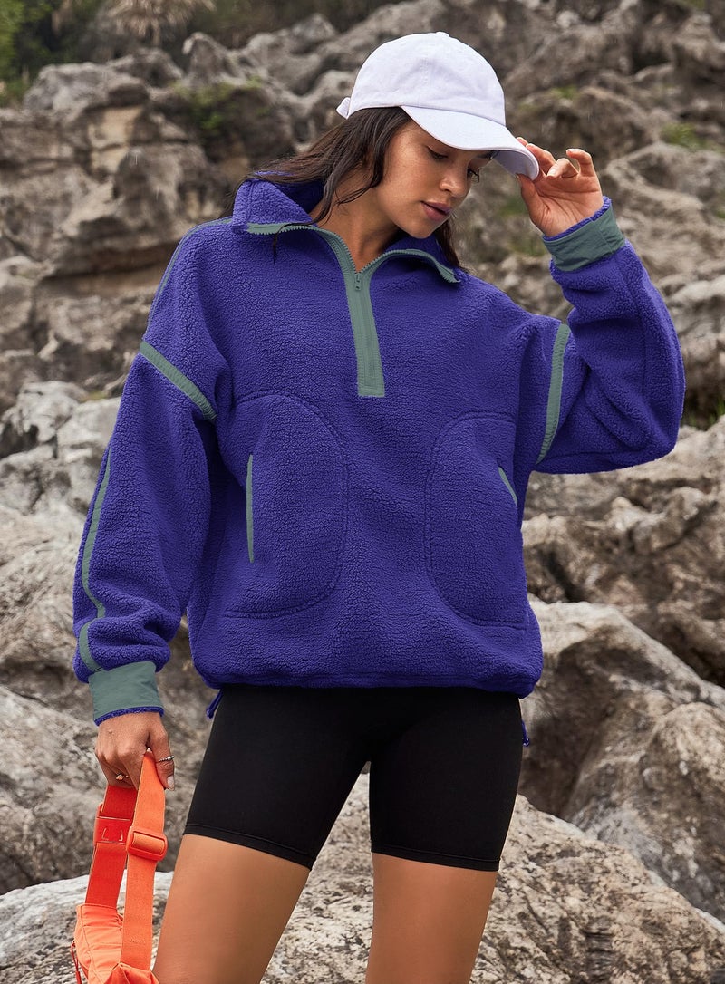 Yanekop 1/4 Zip Pullover Women Zip Up Sweatshirt Fleece Pullover Christmas Sweaters Long Sleeve V Neck Sweaters(Purple Green Combo,S) - Image 3