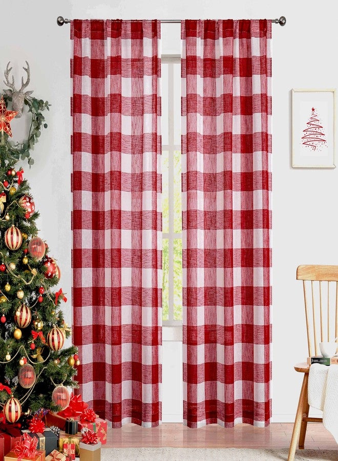 Amzdecor Red Buffalo Plaid Curtains 63 Inch Long Linen Textured Sheer Panels Buffalo Check Plaid Rod Pocket Rustic Window Treatment Sets for Living Room Bedroom Farmhouse,2 Panels,40'x63'',Red/White - Image 1