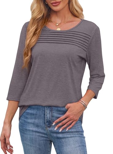 OFEEFAN 3/4 Length Sleeve Womens Tops Spring Summer Blouses Dressy Casual Tunic Tops Loose Fit Plus Size Shirts Solid Dark Tauqe XL - Image 3