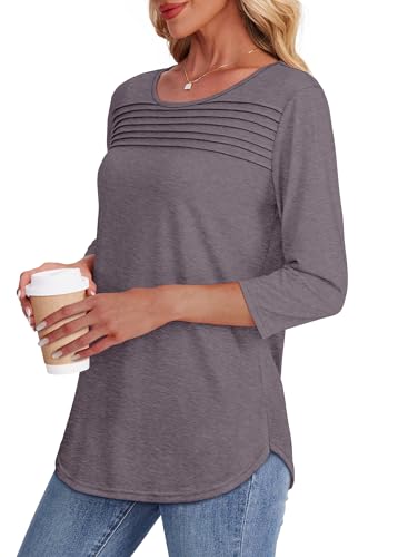 OFEEFAN 3/4 Length Sleeve Womens Tops Spring Summer Blouses Dressy Casual Tunic Tops Loose Fit Plus Size Shirts Solid Dark Tauqe XL - Image 4