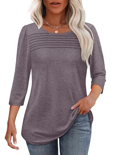 OFEEFAN 3/4 Length Sleeve Womens Tops Spring Summer Blouses Dressy Casual Tunic Tops Loose Fit Plus Size Shirts Solid Dark Tauqe XL - Image 1