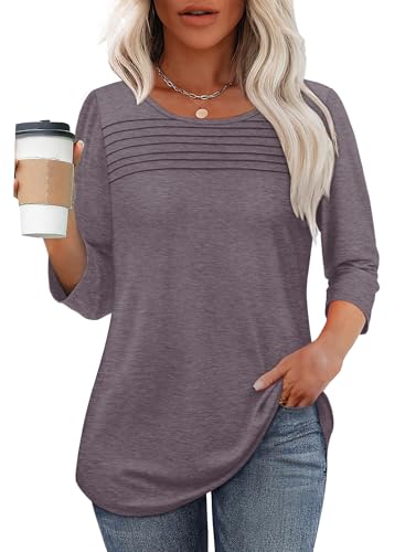 OFEEFAN 3/4 Length Sleeve Womens Tops Spring Summer Blouses Dressy Casual Tunic Tops Loose Fit Plus Size Shirts Solid Dark Tauqe XL - Image 2