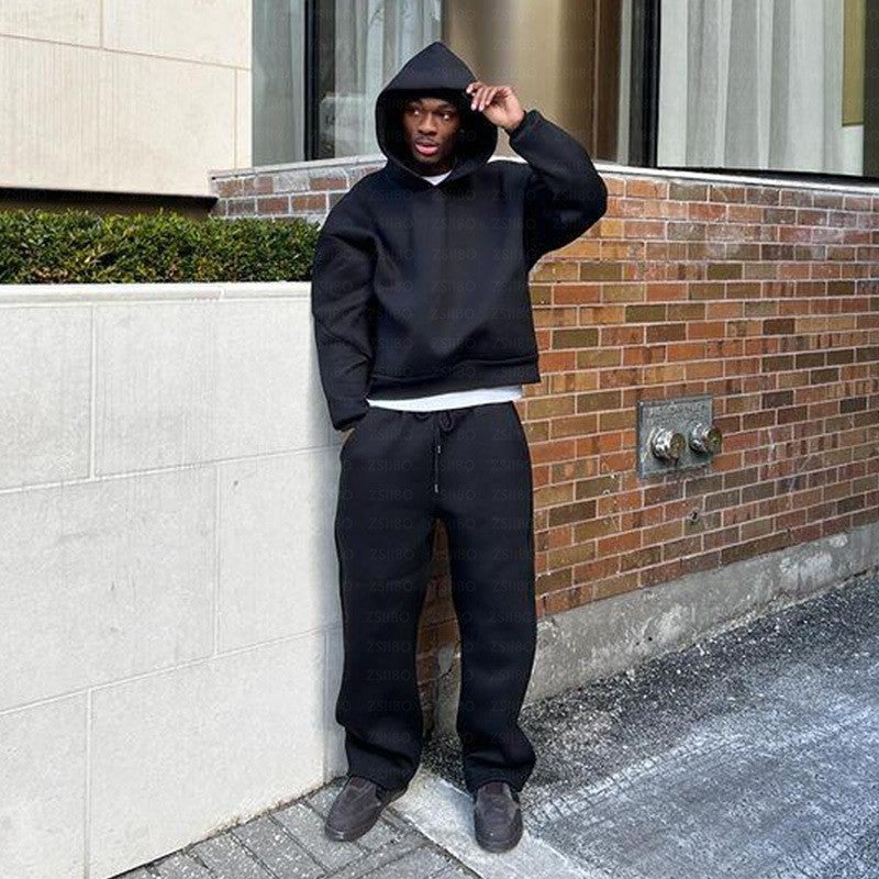 2024 Europe and the United States cross-border casual simple couple fashion hoodie sweatshirt solid color loose sweater pants wholesale Black 2172# suit