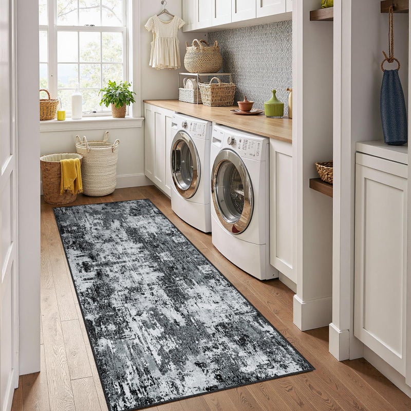 RELEANY Washable Area Rugs 2'x6' Non-Slip Modern Abstract Soft for Living Room Entryway Bedroom Nursery  Print Pattern  Black Gray - Image 1