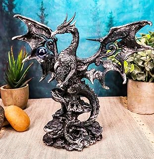 Ebros Gift Ebros Draco Fantasy Gothic Dragon with Blue Orb Statue 8" Tall Land of The Dragons Home Decor Dragon Beast - Image 1
