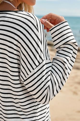 Arach&Cloz Women's Linen Blend Beach Cover Up Spring Summer Tops Vacation Outfits Striped Long Sleeve Shirts Boat Neck Off The Shoulder Casual Lightweight Oversized Resort Wear 2026 White Black M - Image 4
