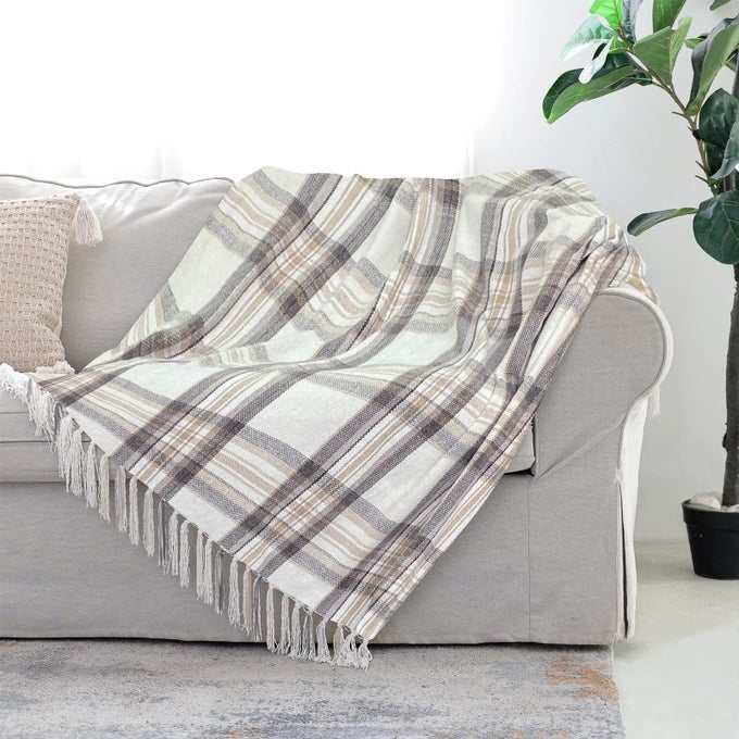 TAUPE GREY AND WHITE PLAID DECOR TARTAN BLANKET LIGHTWEIGHT SOFT CHENILLE STRIPED KNITTED RUSTIC FARMHOUSE THROW WITH TASSELS FOR COUCH SOFA CHAIR BED OFFICE HOME 50 X 60