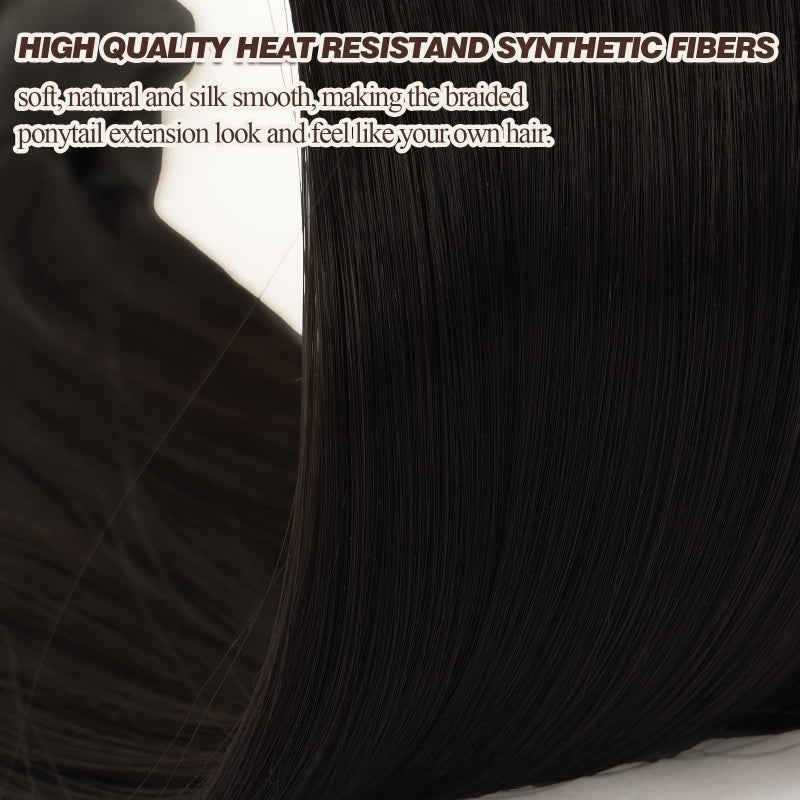 BARSDAR 26 Inch Long Braided Ponytail Extension with Hair Tie - Straight Sleek Wrap Around Dark Brown Braided Ponytail Hair Extensions - Synthetic Pony Tails Hairpieces for Women - Dark Brown - Image 3
