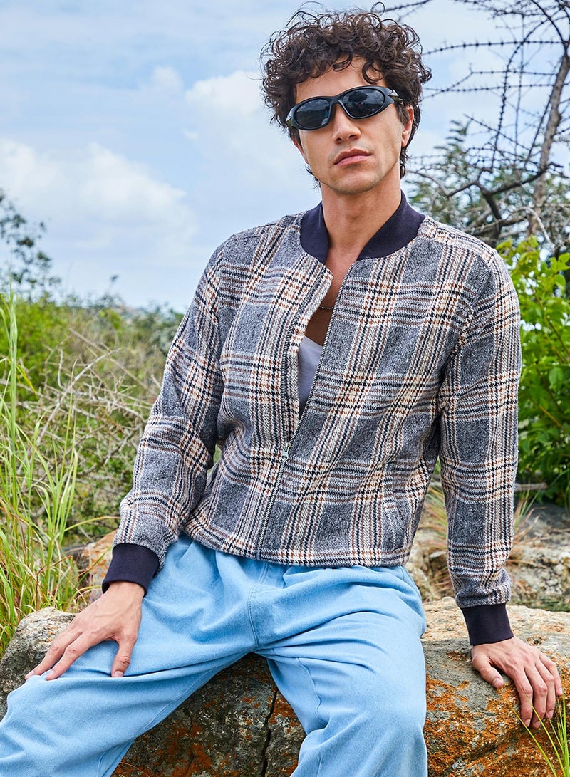 Campus Sutra Men's Grey Tartan Plaid Jacket With Ribbed Hem  - Image 1