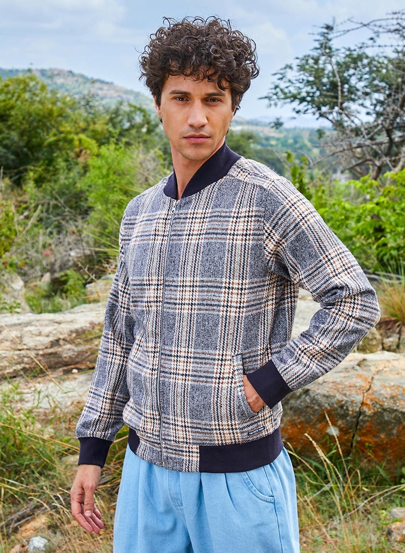 Campus Sutra Men's Grey Tartan Plaid Jacket With Ribbed Hem  - Image 3