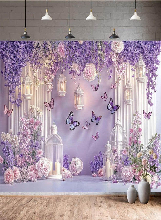 DeeCabin 10X8ft Purple Butterfly Floral Backdrop for Photography Butterfly Flowers Theme Girls Party Decorations Background Wedding Birthday Baby Shower Party Cake Table Decor Photo Booth Props - Image 1