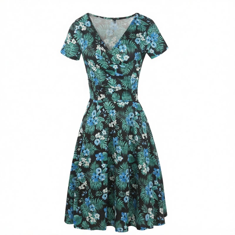 Women's Plus Size V-Neck Short Sleeve Printed Pleated Flared Waist Dress - Image 1