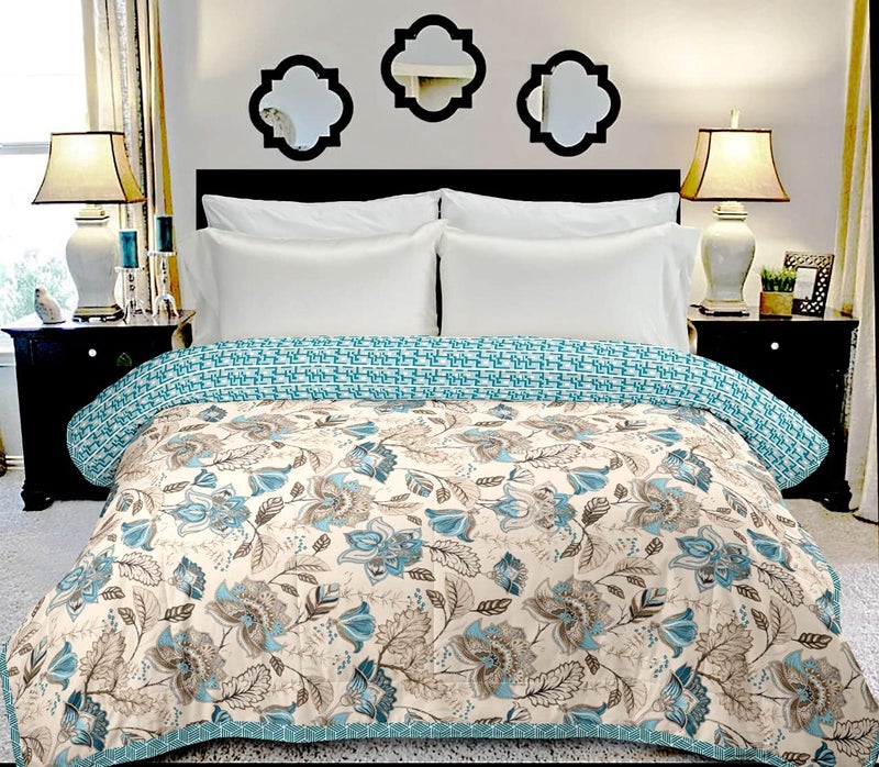 VOMI Dohar 100 Cotton Dubble Bed Soft Light Weight Reversible Two Side use Lightweight Printed Double Bed AC Dohar Blanket Quilt 90x100 Inch AC Summer and Winter Blue Colour Prints - Image 1