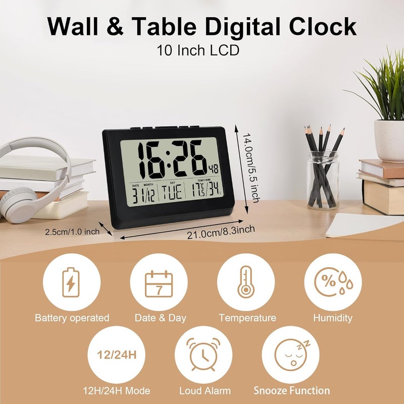 Lafocuse 10 Inch LCD Display Digital Battery Powered Wall Clock, Table Clock with Large Numbers, Temperature, Calendar, Alarm, Snooze, 12/24 Hours for Bedroom, Living Room, Kitchen, Home, Black - Image 2