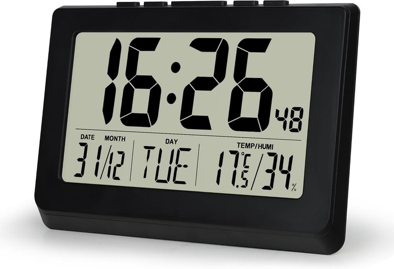 Lafocuse 10 Inch LCD Display Digital Battery Powered Wall Clock, Table Clock with Large Numbers, Temperature, Calendar, Alarm, Snooze, 12/24 Hours for Bedroom, Living Room, Kitchen, Home, Black - Image 1