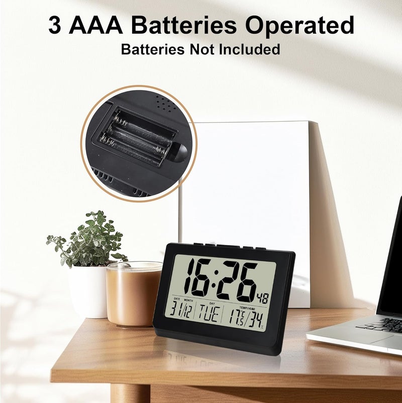 Lafocuse 10 Inch LCD Display Digital Battery Powered Wall Clock, Table Clock with Large Numbers, Temperature, Calendar, Alarm, Snooze, 12/24 Hours for Bedroom, Living Room, Kitchen, Home, Black - Image 4