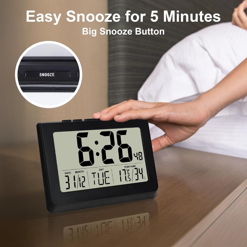 Lafocuse 10 Inch LCD Display Digital Battery Powered Wall Clock, Table Clock with Large Numbers, Temperature, Calendar, Alarm, Snooze, 12/24 Hours for Bedroom, Living Room, Kitchen, Home, Black - Image 5