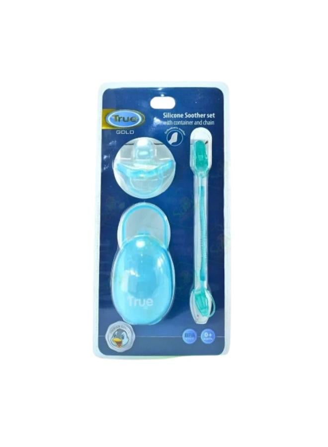 True Gold Silicone Pacifier Set – Turquoise (Silicone Soother, Chain & Case)