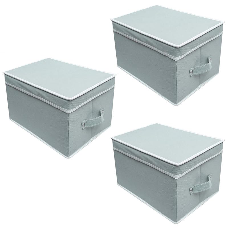 QUAIL NonWoven Foldable Fabric Organizer Storage BoxBin MultiUtility Wardrobe Organiser with Lid Handles Extra Large For Kids Books Magazines Clothes Pack of 3 Grey - Image 1