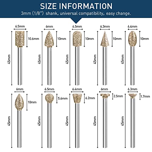 shengbenhao Diamond Grinding Burr Bit Set，20Pcs Rotary Tool Accessories Stone Carving Set with 1/8 inch Shank for Stone Ceramic Glass Carving, Grinding, Polishing, Engraving, Sanding - Image 5