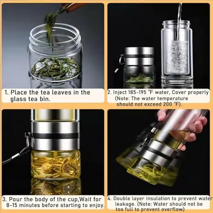 Tazweeq 14 Oz Double Walled Glass Kettle Tea And Portable Travel Dispenser Teapot Cup With Tea Deflector Clear Filter Teapot For Loose Leaf Tea Silver  450Ml - Image 3