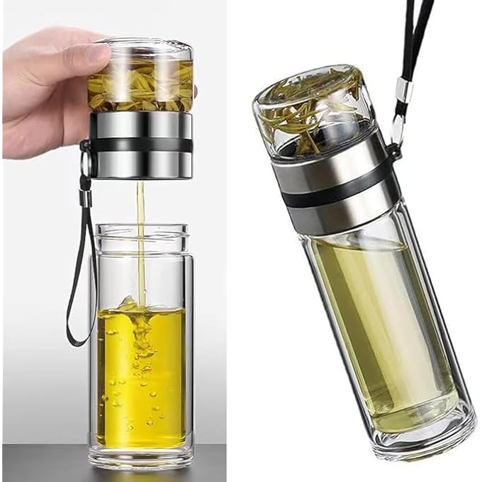 Tazweeq 14 Oz Double Walled Glass Kettle Tea And Portable Travel Dispenser Teapot Cup With Tea Deflector Clear Filter Teapot For Loose Leaf Tea Silver  450Ml - Image 5