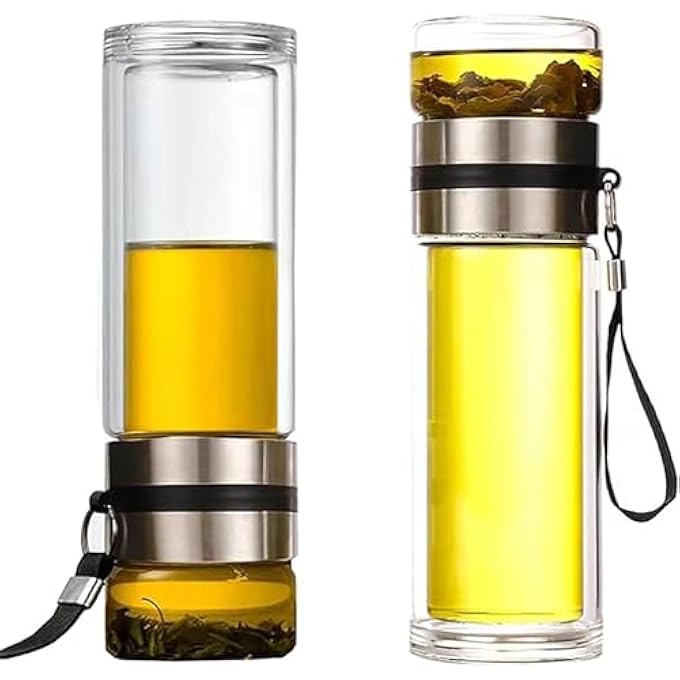 Tazweeq 14 Oz Double Walled Glass Kettle Tea And Portable Travel Dispenser Teapot Cup With Tea Deflector Clear Filter Teapot For Loose Leaf Tea Silver  450Ml - Image 1