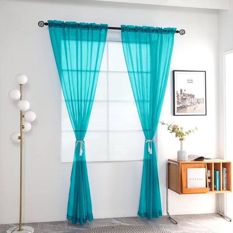youleyar Solid Sheer Rod Pocket Curtain Voile Draperies 2 Panels White Beige Black Grey Coffee 52 Inch Width 84 Inch Long 1 Pair for Kitchen Bedroom Children Living Room Yard (Peacock Blue,52Wï½˜84L) - Image 2