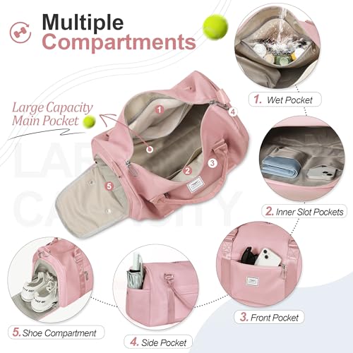 FIORETTO Womens Gym Tote Duffle Bag with Wet Pocket Shoe Compartment Sports Duffel Overnight Weekender Hospital Workout Carry on Bag for Girls Ideal for Travel Swimming Dance Ballet Pink - Image 3
