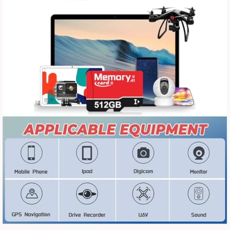 مجموعة بطاقة ذاكرة MicroXC بسعة 512 جيجابايت مع محول، بطاقة Full HD 4K UHD Class10 U1 عالية السرعة للكاميرا/الهاتف/تاكوغراف والكمبيوتر اللوحي - Image 3