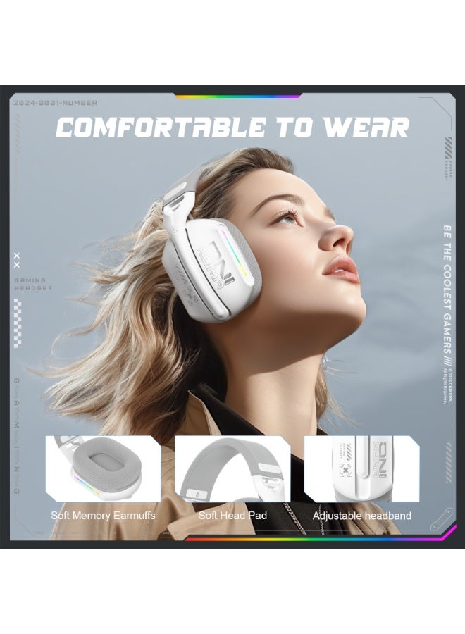 onikuma GT808 Tri-mode Gaming Headset, with 7.1 Surround Sound Gaming Headphones with Noise Canceling Mic, Tri-Mode 2.4GHz/Bluetooth 5.3/Wired, RGB Lighting Gaming Headphones for PC Mac PS4 PS5-White - Image 4