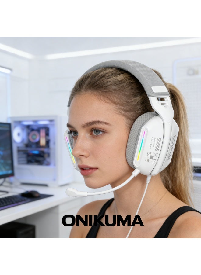 onikuma GT808 Tri-mode Gaming Headset, with 7.1 Surround Sound Gaming Headphones with Noise Canceling Mic, Tri-Mode 2.4GHz/Bluetooth 5.3/Wired, RGB Lighting Gaming Headphones for PC Mac PS4 PS5-White - Image 3