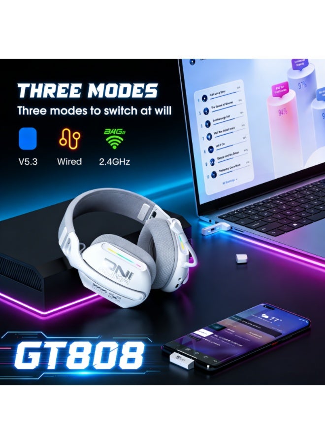 onikuma GT808 Tri-mode Gaming Headset, with 7.1 Surround Sound Gaming Headphones with Noise Canceling Mic, Tri-Mode 2.4GHz/Bluetooth 5.3/Wired, RGB Lighting Gaming Headphones for PC Mac PS4 PS5-White - Image 2