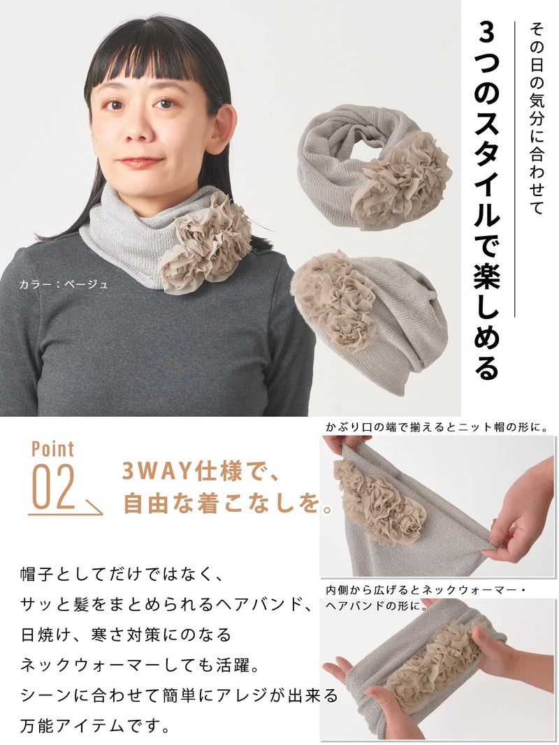 CHARM Womens Flower Beanie Hat - Bonnet Turban Headband Chemo Cap Circle Scarf Beige - Image 5