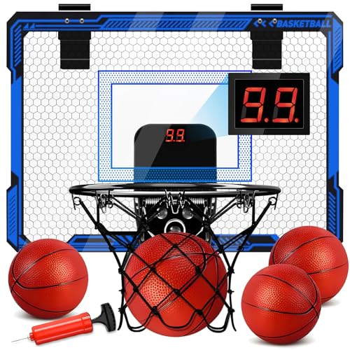 Molutsody Indoor Basketball Hoop for Kids Over The Door Mini Basketball Hoop with LED Light Scoreboard Includes 3 Balls Air Pump Basketball Toys Gifts for 412 Year Old Boys Girls Blue - Image 1
