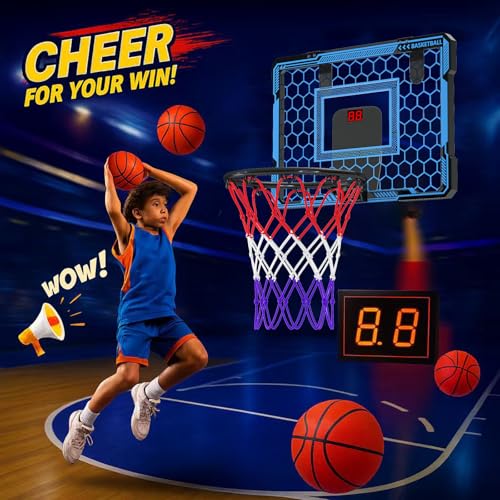 Molutsody Indoor Basketball Hoop for Kids Over The Door Mini Basketball Hoop with LED Light Scoreboard Includes 3 Balls Air Pump Basketball Toys Gifts for 412 Year Old Boys Girls Blue - Image 5