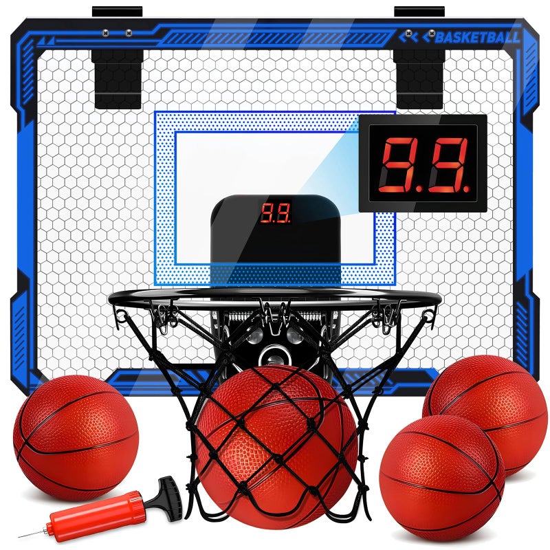 Molutsody Indoor Basketball Hoop for Kids Over The Door Mini Basketball Hoop with LED Light Scoreboard Includes 3 Balls Air Pump Basketball Toys Gifts for 412 Year Old Boys Girls Blue - Image 2