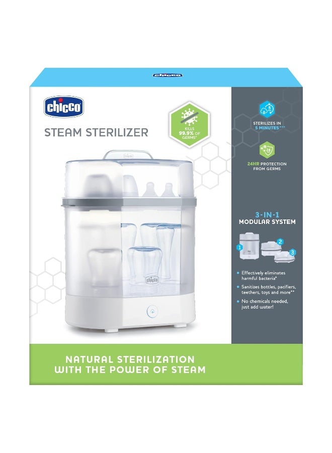 Chicco جهاز تعقيم بخاري كهربائي 3 في 1 من شيكو للزجاجات، ملحقات التغذية، وأكثر | يقضي على 99.9% من الجراثيم | 3 تكوينات | إيقاف تلقائي وتشغيل هادئ - Image 2