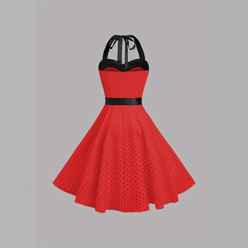 Polka Dot Halter Neck Dress with Belt - Image 3