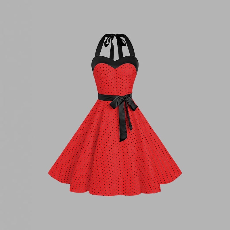 Polka Dot Halter Neck Dress with Belt - Image 1