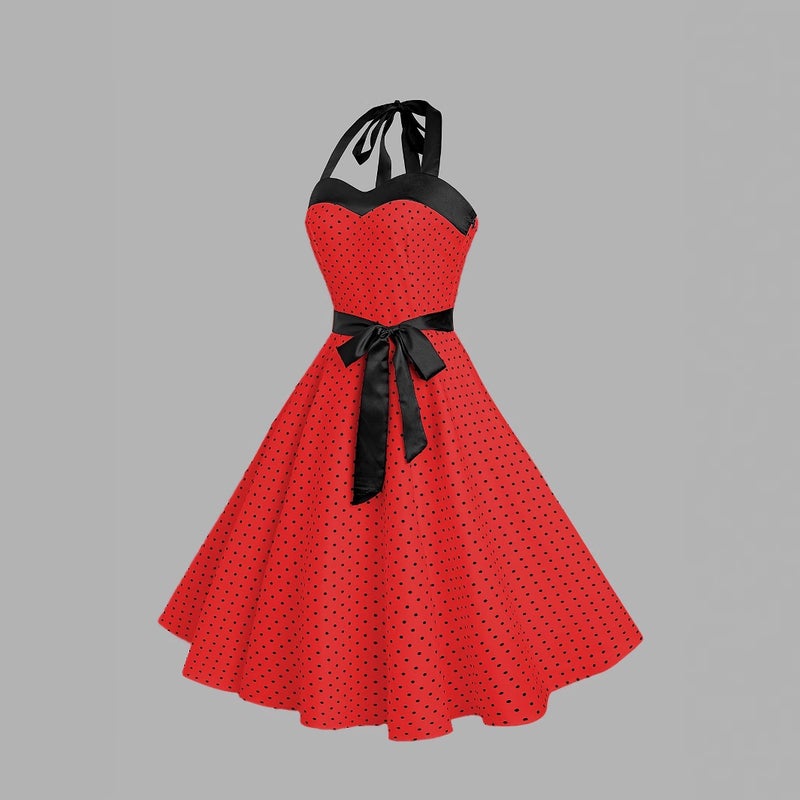 Polka Dot Halter Neck Dress with Belt - Image 4